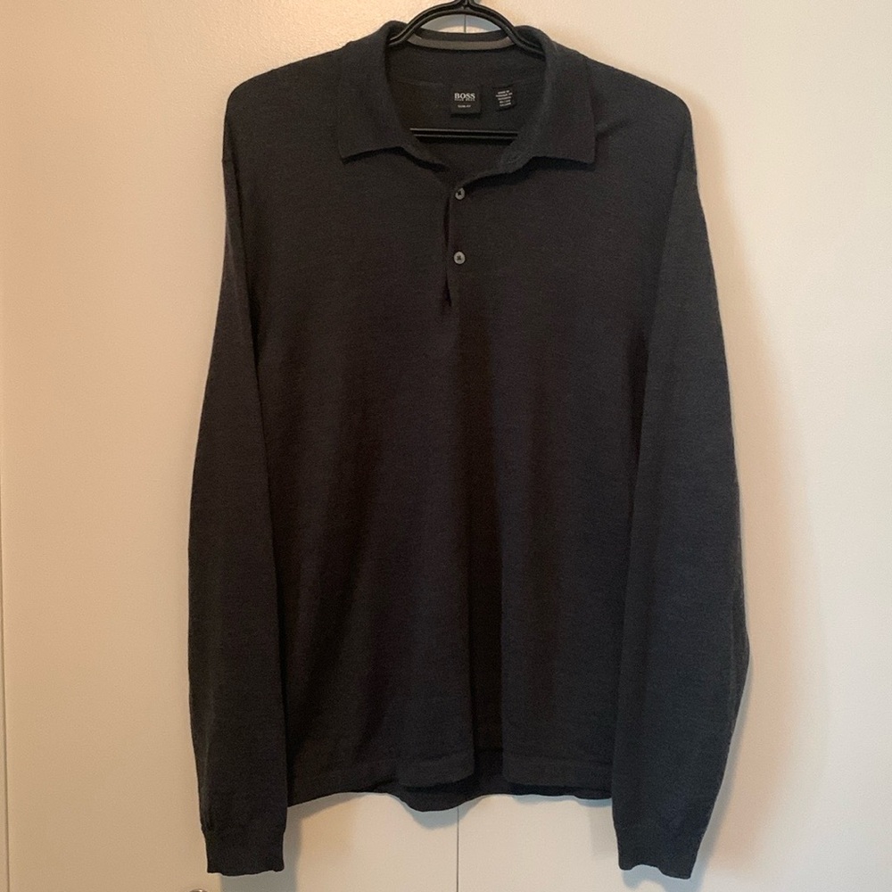 BOSS Hugo Boss Wool Blend Long Sleeve Dark Gray Polo Size Large